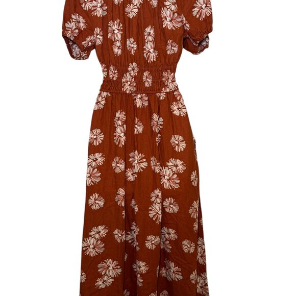 Madewell Sophia Smocked Linen Midi Dress Floral Rust Brown XXS Cottagecore - Picture 4 of 6